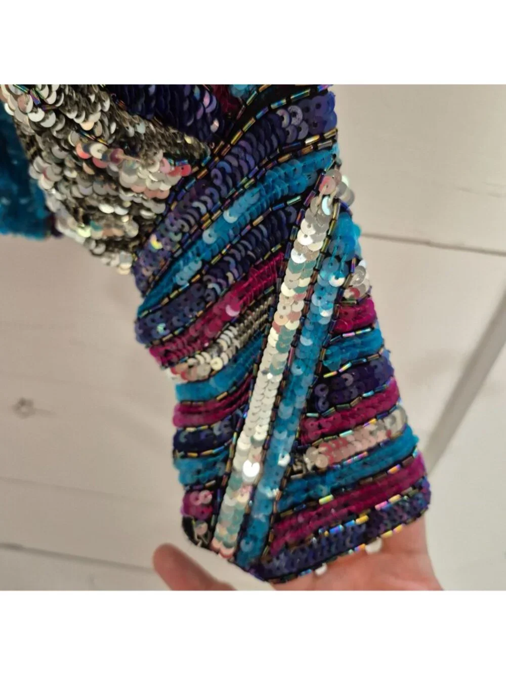 Vintage 70s Sitara Colorful Sequin Silk Blouse Top Long Sleeve - Picture 6 of 8